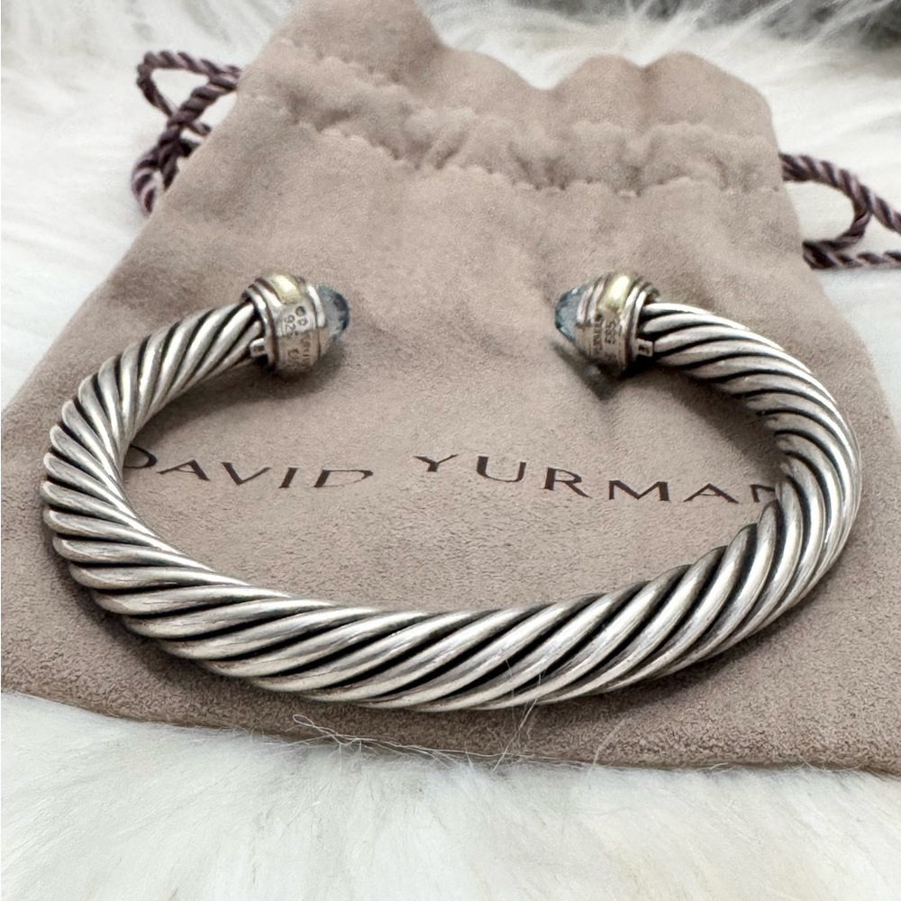 David Yurman 7mm Blue Topaz Cable Classic Cuff Bracelet .925/14K Gold - Picture 6 of 10
